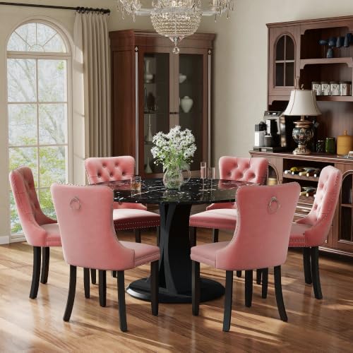 Image of 7-Piece Dining Table Set for 6 with 47 In Black Faux Marble Round Table