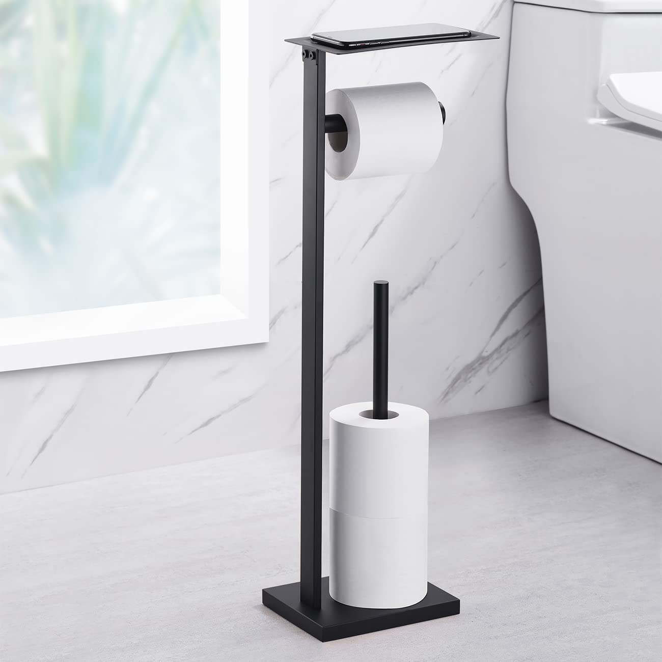 Miyili Portarotolo autoportante nero opaco con mensola, dispenser di carta per asciugamani di carta organizer per bagno stile quadrato, F04B2