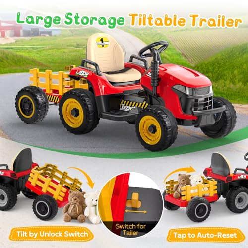 Image of ANPABO 24V Ride On Tractor for Kids w /Detachable Trailer, EVA Tires, Red