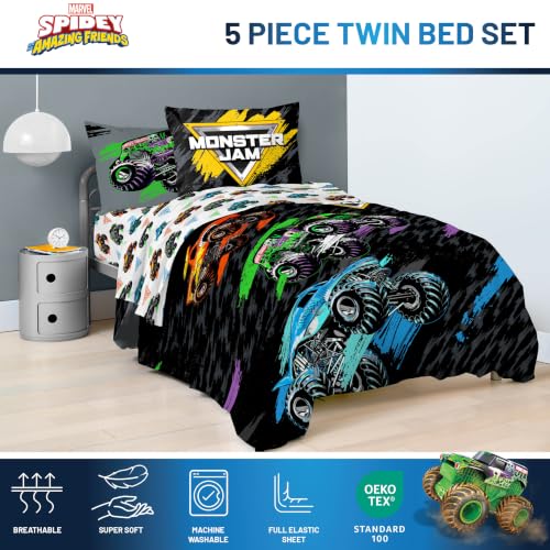 Image of Monster Jam Trucks Twin Comforter Set 5 Piece Kids Bedding for Boys, Black | Grave Digger Megalodon, Comforter Sheets Sham Pillowcase, Official Product, Soft Microfiber, Machine Washable, Boys Gift