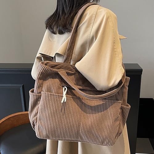 Image of Corduroy Tote Bag for Women, Multiple Pockets Large Hobo Shoulder Bag for Office & Shopping, Zipper Casual Handbags