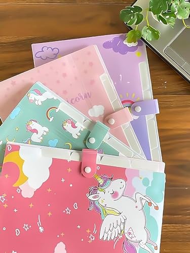 Image of A4 Paper File Folder with Button Lock - Unicorn Theme Expandable Document Holder | 6 Pocket Office & School Certificate File | Multicolor Random Design (Pack of 2)