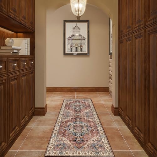2x3 Small Entryway Doormat 2x3 Front Door Rug Indoor Entrance Kitchen Bathroom Carpet Farmhouse Non Slip Washable Low Pile Floor Carpet, Brickred/Multi
