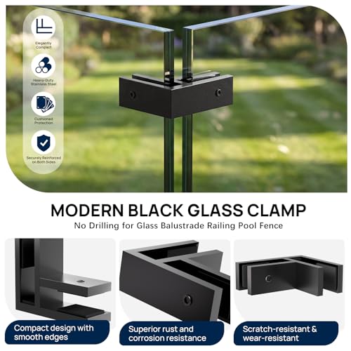 Image of 12 Pack Corner Railing Glass to Glass Clamps, Double Side Glass Clip | No Drilling in Glass, T304 Stainless Steel, Fits 3 /8 inch-1 /2 inch Glass Thickness, Modern Black, Suitable for Fence, Pool, Balcony