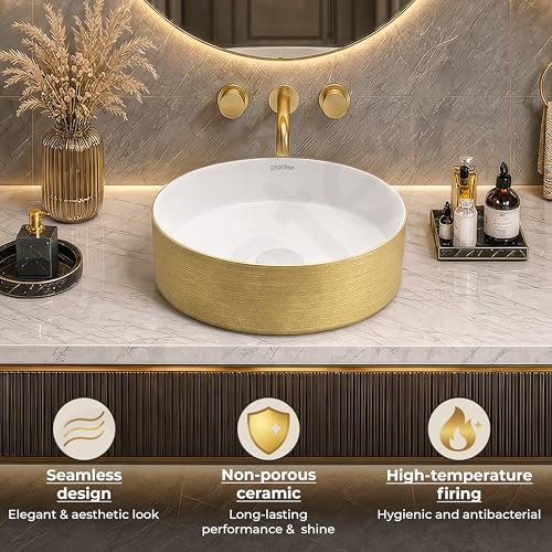 Image of Plantex Ceramic Table Top Wash Basin /Small Washbasin for Bathroom /Countertop Vessel Sink Basin(Gold&White -14 x14x5 Inch)