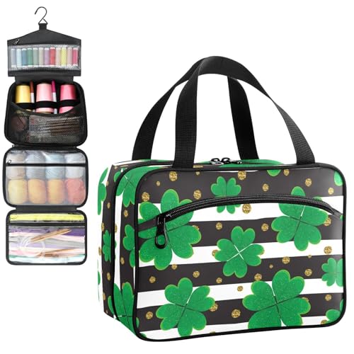 YNNALE Sewing Supply Organizer Bag, St.patrick's Day Shamrock Black White Striped Portable Sewing Bags with Pockets&Hanger, Sewing Storage Box Case for Sew Supplies/Kit/Tools/Accessories (BAG ONLY)
