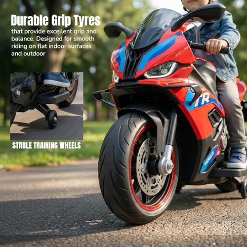 Image of Baybee BTR Baby Battery Operated Bike for Kids with Hand Accelerator USB Bluetooth, Rechargeable Rideon Toy Bike with RGB LED Light & Music, Baby Electric Bike for Kids 3+ Years Boys Girls (Red)