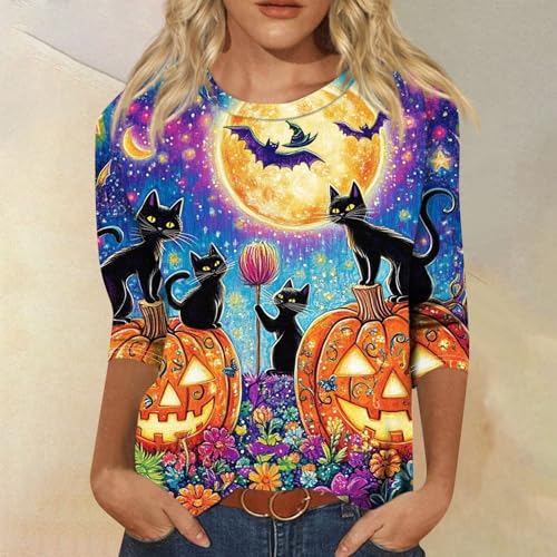 Cute Funny Halloween Shirts for Women Plus Size 3/4 Length Long Sleeve Womens Tops Witch Gothic Renaissance Shirt