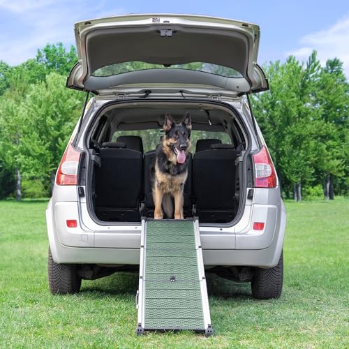 Hunderampe Auto Klappbar - Stabile und rutschfeste Hundeleiter Auto & SUV bis zu 90kg Belastbar - Teleskop Alu Rampe für große Hunde - Reflektierende Seiten - Hundetreppe - Befestigungsclip - Grün