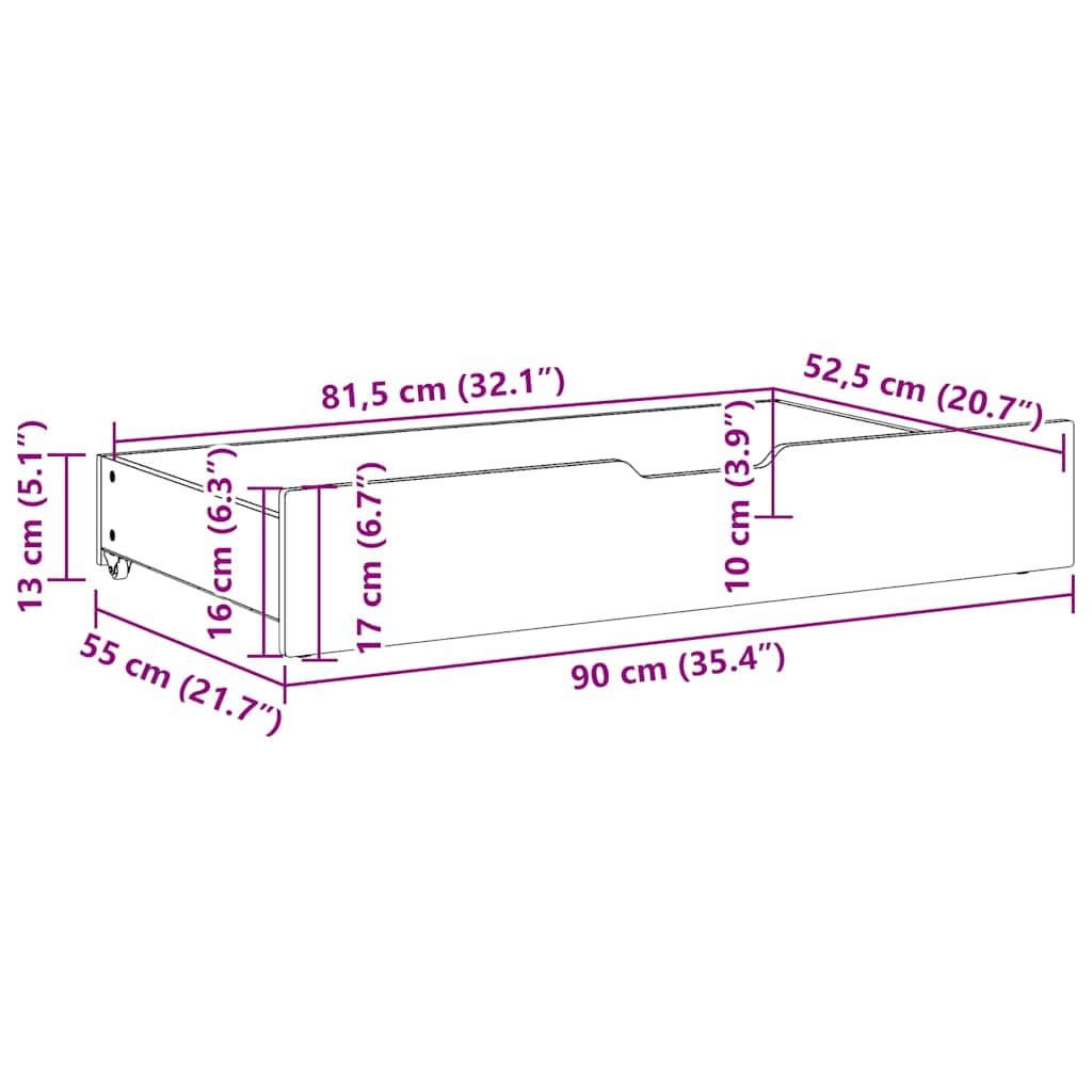 Lot de 2 tiroirs de lit en pin massif blanc - 90 x 55 x 17 cm - Avec roulettes - Peu encombrant - Organiseur pour chambre à coucher et bureau - Pour ranger et ranger