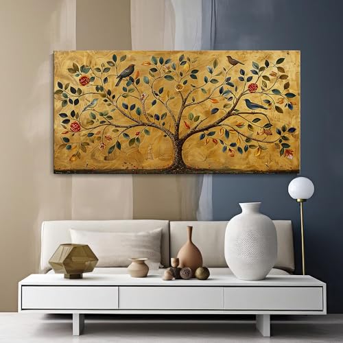 Image of 999STORE Golden Tree of Life Canvas Painting - 24x48 Inches Framed Art, Elegant Symbolic Wall Decor (FLP24480717)