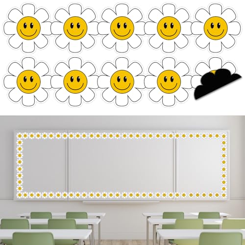 Image of Whaline 24 Pcs Daisy Flower Magnetic Bulletin Board Border Retro Smile Daisy Floral Magnetic Strips Border Trim for Back to School Office Classroom Decor