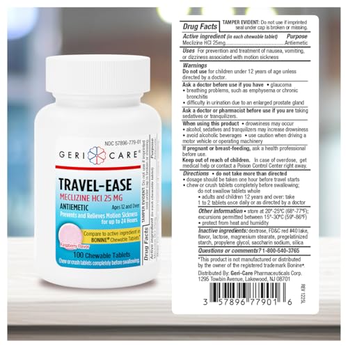 Image of GeriCare Meclizine HCI 25mg Antiemetic Travel-Ease Tablets, Prevents and Treats Motion Sickness, Nausea Relief, 100 Count (Pack of 2)