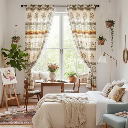 Image of Amazon Brand - Umi Bohemian Curtains for Door, Microfiber Cotton Curtain 7 Feet Long Pack of 2 Curtain with Tassels,Eyelets Included, 40-60% Room Darkening