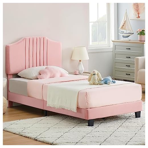 IDEALHOUSE Twin Bed Frame Upholstered Platform with Headboard, Strong Frame and Wooden Slats Support, Velvet Fabric Wrap, Non-Slip and Noise-Free,No Box Spring Needed, Easy Assembly, Pink