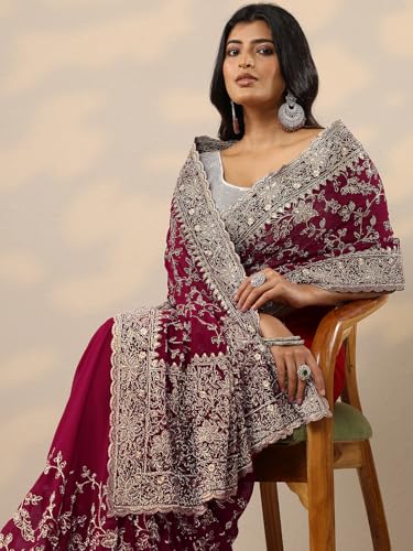 Image of Libas Embellished Georgette Saree for Women With Unstitched Blouse Piece | Traditional Saree for Festive & Wedding