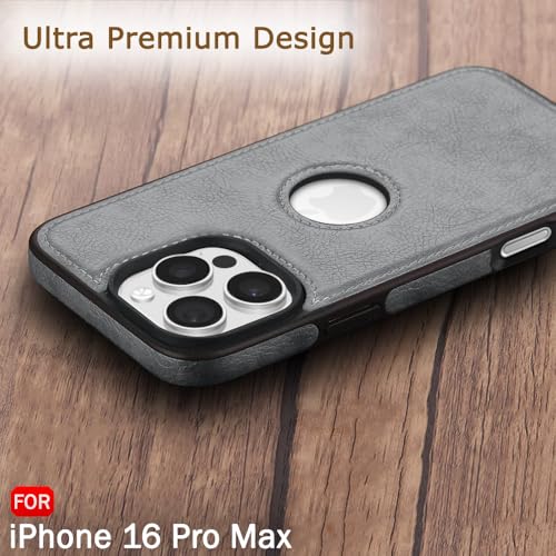 Image of TheGiftKart Genuine Leather Finish Back Cover Case for iPhone 16 Pro Max | Shockproof Design | Raised Edges for Camera & Screen Protection | Stunning Minimalist Case Cover (Faux Leather & PC, Grey)