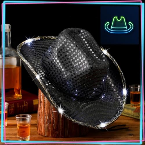 Image of Tisancy LED Lights Cowboy Cowgirl Hat Flashing LED Lights Cowgirl Hat for Wedding Western Bachelorette Party