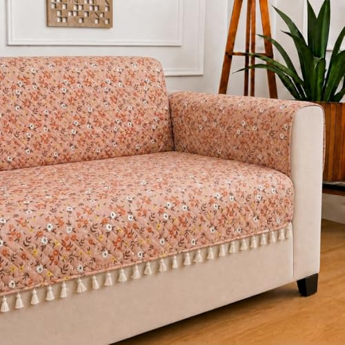 Image of STITCHNEST 'Frostvine Collection' 3 Seater Sofa Cover | Full Coverage with Armrest Pockets | Cotton Quilted Fabric, Decorative Tassels, Washable & Durable for Modern Living