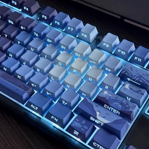 Image of PBT Moonlit Keycaps Custom Dark Blue Shine Through Keycaps Cherry Profile 128 Keys Side Print Key Caps Gradient Blue for Mechanical Keyboards 60% 65% 75% Backlit