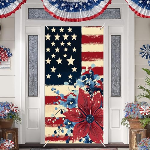 Image of BlissYard 4th of July Door Cover 71x35 Inch Patriotic Front Door Cover American Flag Memorial Day Decoration July 4th Door Cover Banner Large Fourth of July Outdoor Porch Decor