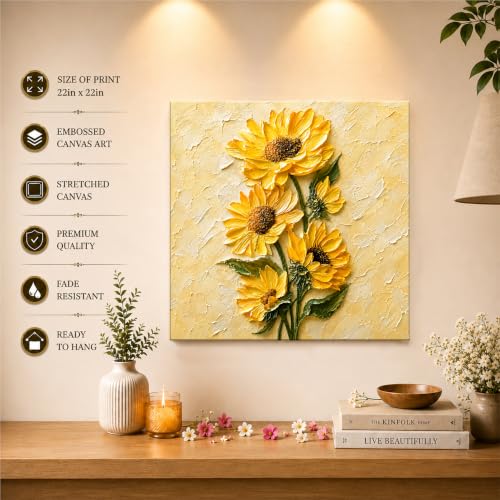 Image of PAINTINGMANTRA Textured Embossed Floral Canvas Wall Art Painting for wall decoration, Vibrant Yellow Sunflower Motifs Stretched Canvas Painting for living room, bedroom, office and Home, 22x22 Inch