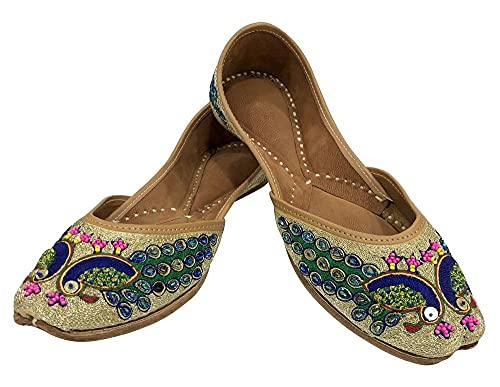 Image of Punjabi Jutti Flats for Women,Multicolor Peacock Design Shoes Bohemian Sandles,Handmade Indian Beaded Trad