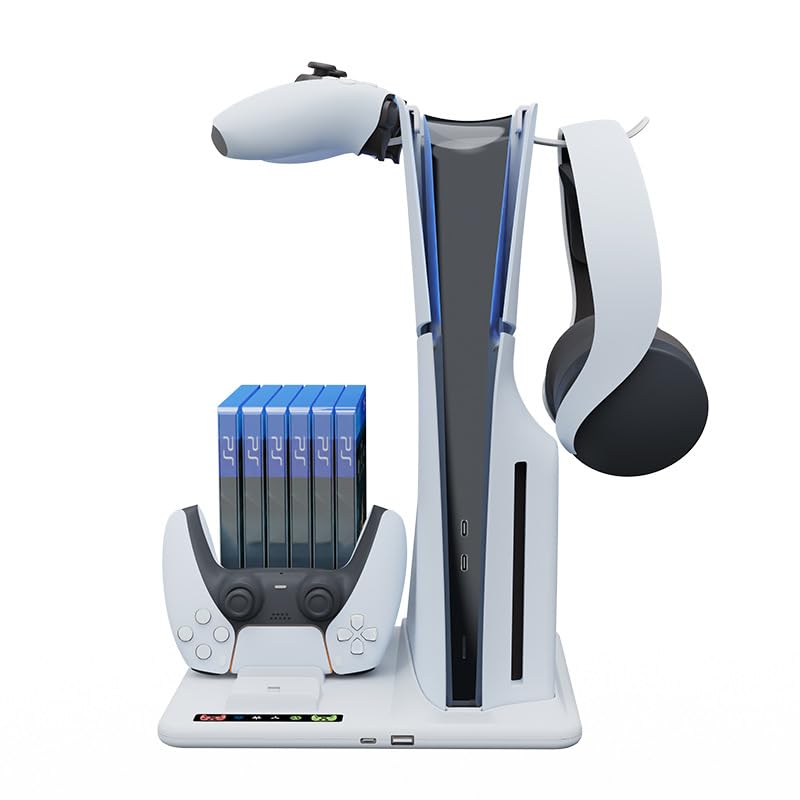 Miimall Supporto con stazione di raffreddamento e controller di ricarica per PS5 Slim, [ventole regolabili a 3 livelli] [6 slot per dischi] [supporto per cuffie] per accessori PS5 Slim (Disc & Digital