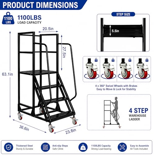 Image of 4-Step Rolling Warehouse Step Ladder, Lockable Wheels, Non-Slip Wide Steps, Dual Handrails, Movable Platform Ladder, Rolling Stairs for Warehouse, Supermarket, Library (Black, 4 Steps)