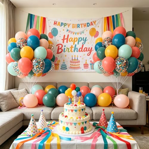 Image of Zesliwy Boho Rainbow Balloons,50pcs 12inch Assorted Colors Retro Orange Yellow Blue Balloon Teal Blue Blush Light Orange Balloon Colorful Confetti Balloon for Birthday Wedding Sunshine Party Decor