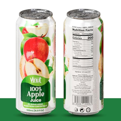Image of VINUT 100% Apple Juice, No Added Sugar, Not From Concentrate, 16.9 fl oz (500 mL) Can, Pack of 6