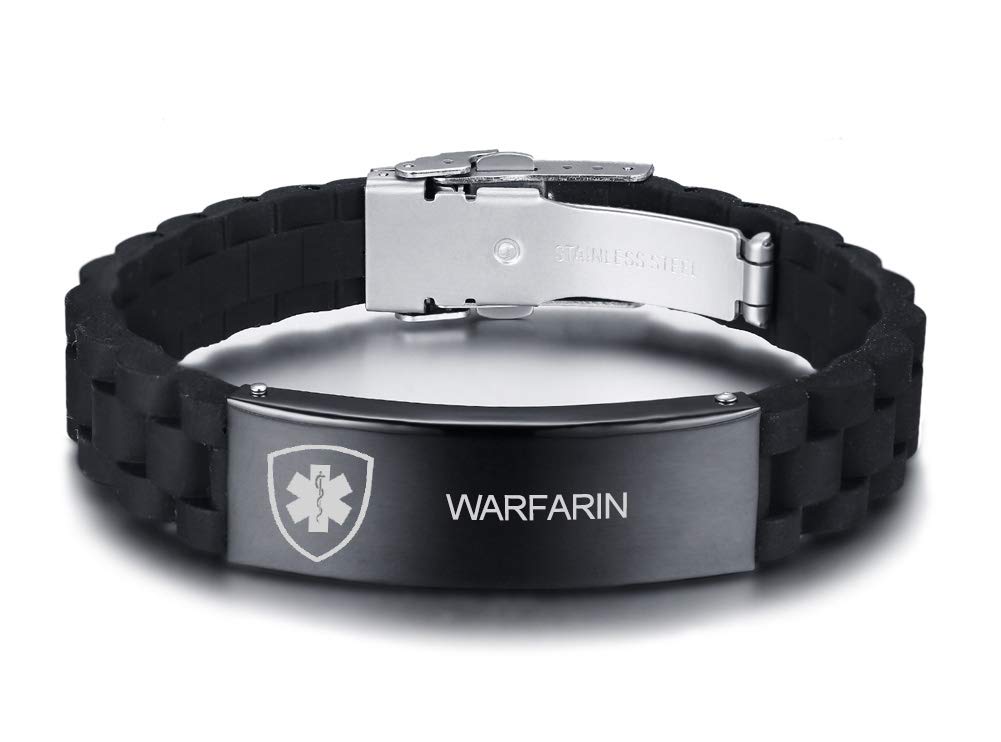 VNOX Personalizado Personalizar Grabado Acero Inoxidable Pulsera de Alerta Médica Pulsera Médica de Silicona Negra para Hombres Mujeres,18-22.5cm Ajustable.