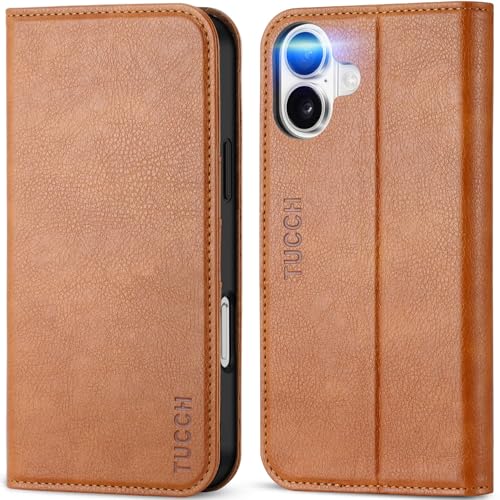 Étui iPhone 16 Plus TUCCH en cuir synthétique brun clair texturé aux finitions haut de gamme