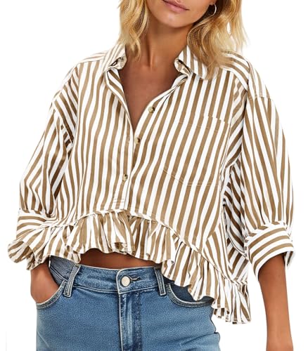 Cicy Bell Womens Cropped Striped Button Down Shirts Ruffle 3/4 Length Sleeve Summer Tops Dressy Casual Blouses