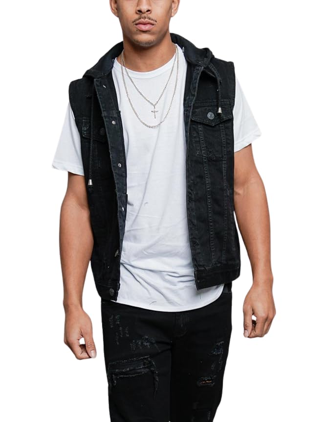 VICTORIOUS Distressed Denim Jean Vest Jacket DK101 - Black - Small