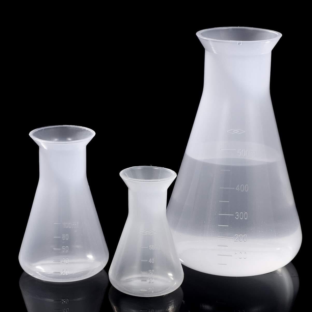 Juego de Matraces de Erlenmeyer - 3 piezas de Plástico para Laboratorio y Educación - 50ml, 100ml, 500ml