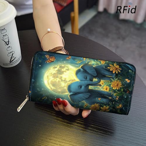 Image of RFID Blocking Leather Wallet for Women - Large Capacity Zip Around Clutch with 8 Card Slots,42 Cash Pockets & Coin Zipper,Cute Elephant