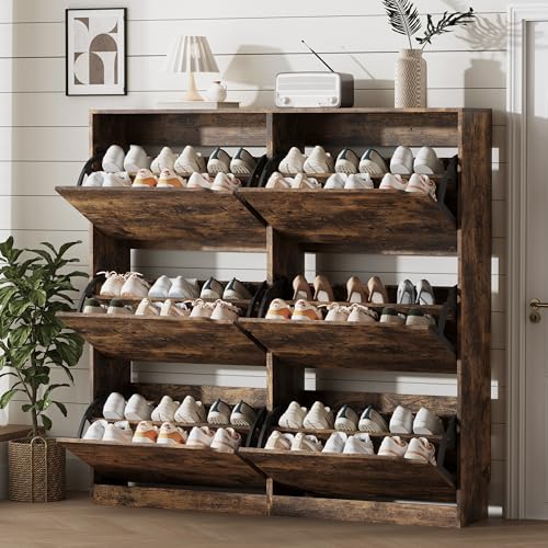 Image of Xixini Shoe Storage Cabinet for Entryway with 6 Flip Drawers, Sturdy Wood Hidden Shoe Storage, Freestanding Narrow Slim Shoe Organizer for Front Door Entrance, Living Room, Hallway, Bedroom, Brown
