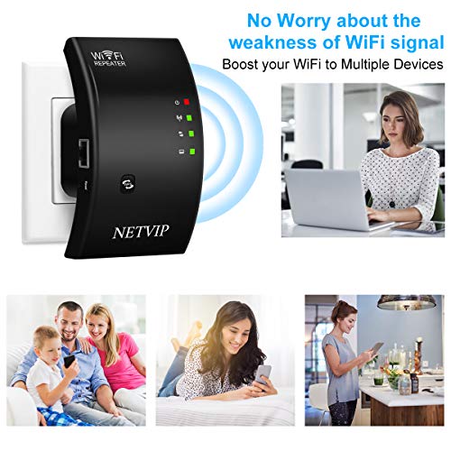 300Mbps WiFi Extender Wireless Repeater Signal Booster 2 in 1 Repeater/Access Point Modes 360 Degree Full Coverage WPS Function Plug and Play LAN Port for Any Router& Alexa Devices NETVIP