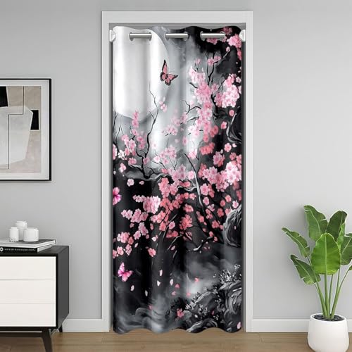 feelingyou Cortina de puerta de flor de cerezo, 106 x 203 cm, retro, romántico, árbol, luna, mariposa, puerta de puerta, cortinas para niños, adolescentes, estilo japonés, rosa, cortinas de puerta de