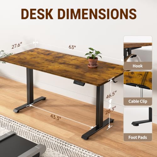 Image of Veken 63x27.6 Inch Large Electric Standing Desk, Gaming Table, Brown | Height Adjustable Sit Stand Up Computer Tables for Home Office, Study , Writing, Suit students, employees and group work