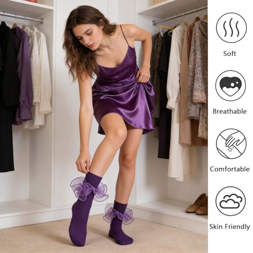 Image of Women Big Ruffle Ankle Socks Adult Double Lace Frilly Turn Cuff Dress Socks Cotton Cute Fancy Bobby Crew Socks