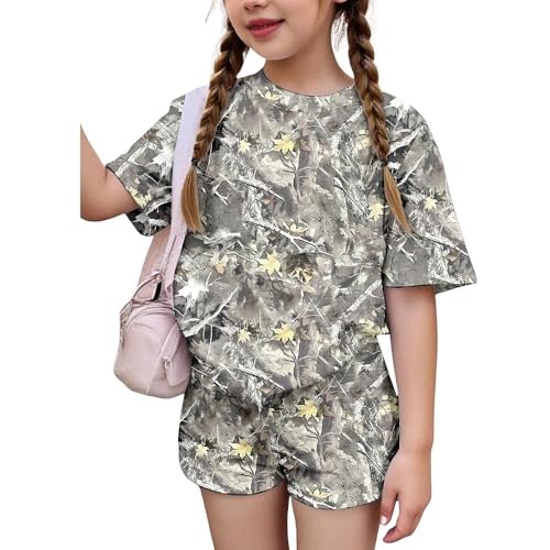 LOVYKIDIDO Size 11 12 Years Girls 2Pcs Spring Summer Outfits Set Crew Neck Short Sleeve Tops with Pocket Tie-Dye Shorts Gray(11 12)