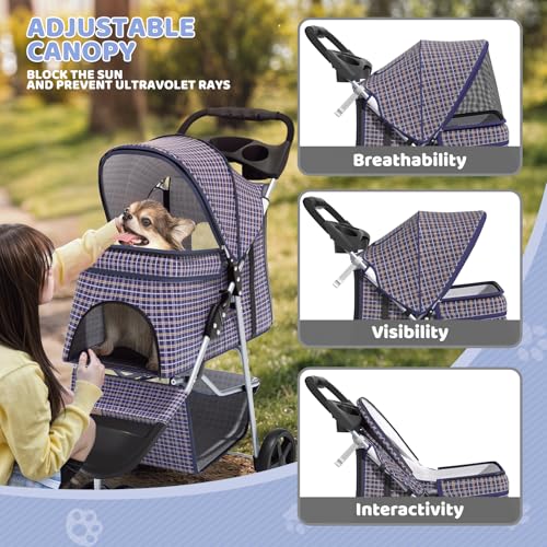Image of Magshion 3-Wheel Pet Stroller, Foldable Travel Jogger for Small & Medium Dogs & Cats (Up to 33lbs), Lightweight Carrier with Breathable Mesh Cover, Cup Holder & Storage Basket, Plaid