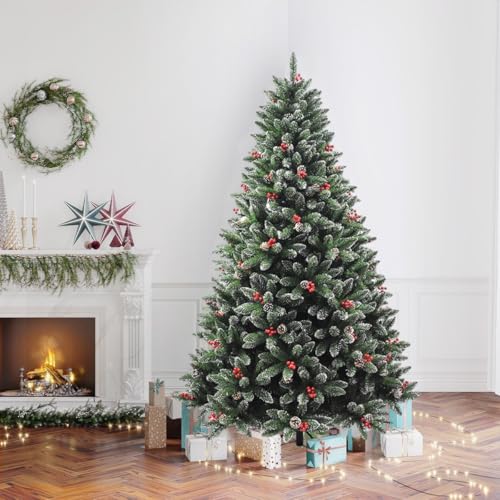 Image of Fizzytech 6 Feet Premium Artificial Christmas Tree with 944 Branch Tips, Snow Flocked Design, Red Berries & Pinecones, Metal Stand, Easy Assembly, Christmas Decoration for Home & Office