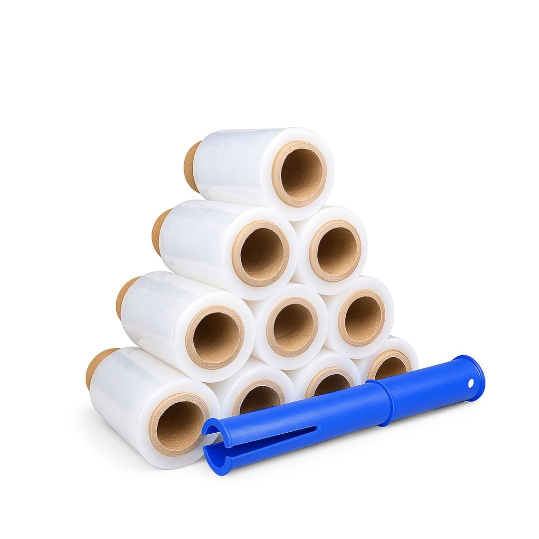 Lot de 10 mini films étirables transparents 10 cm – Film d’emballage 23 microns 150 m – Avec dérouleur – Pour emballage déménagement maison bureau et entrepôt