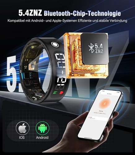 Image of 7.0 Smart Ring with LED Screen【5ATM Waterproof】【5.3+EDR Technology - 0.1%± Error】 Smart Ring for Men and Women to Monitor Sleep, Heart Rate, Black 13#