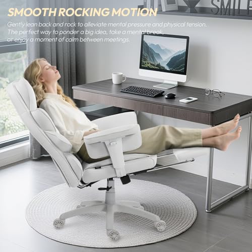 Image of Dowinx Big and Tall Office Chair with Pocket Spring Cushion,High Back Computer Gaming Chairs with Adjustable Armrests,Executive Desk Chairs with Lumbar Support and Footrest,Cloth-White