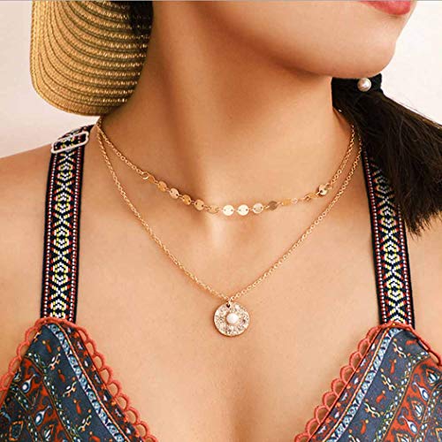 Preisvergleich Produktbild Jovono Boho mehrschichtige Halsketten mit handgefertigten Perlen Pailletten Anhänger Schmuck für Frauen und Mädchen (Gold)
