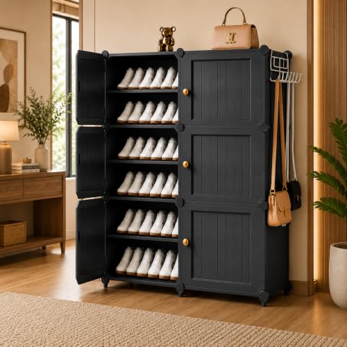 Image of Mevigo Plastic Shoe Rack for Home with Door | 12-Tier Stackable Shoe Organizer | Holds 24 Pairs |Waterproof & Dustproof | DIY Modular Shoe Cabinet |Chappal Slipper Stand for Bedroom -HA2